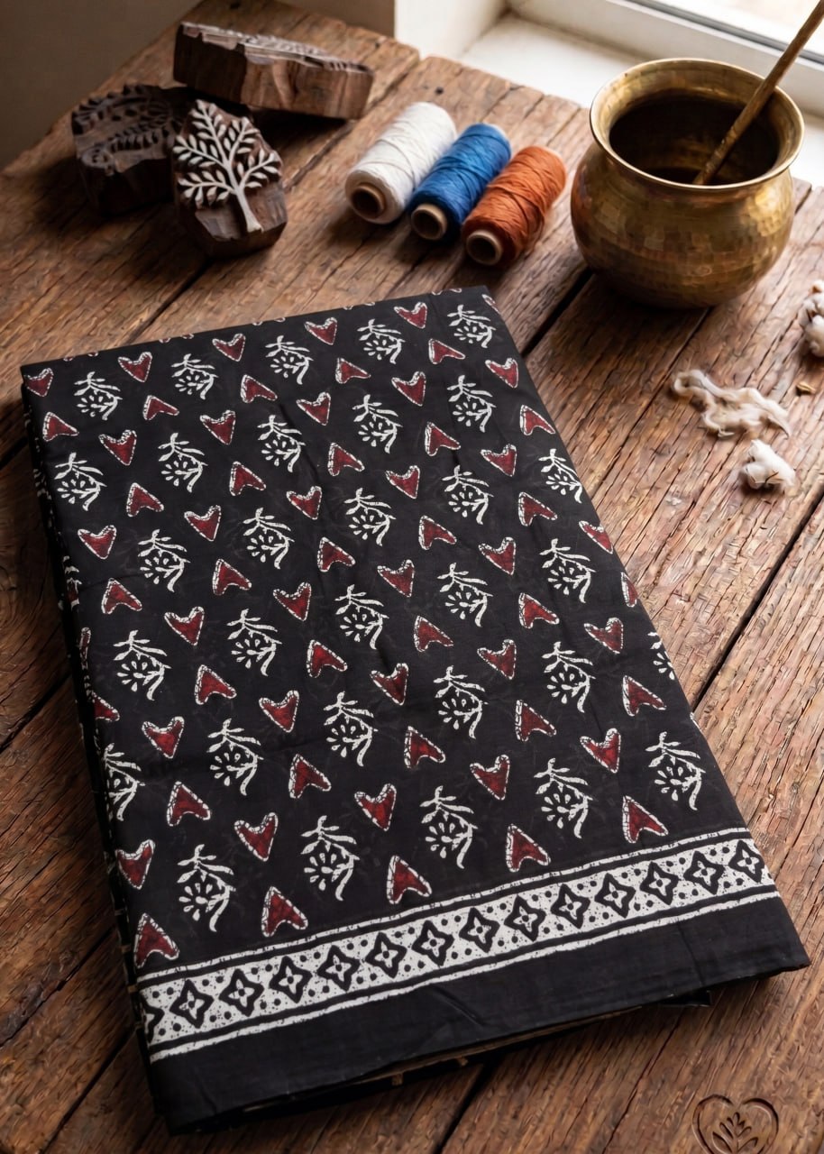 PREMIUM PURE COTTON  SOFT & BREATHABLE BLOCK PRINT BLACK SAREE WITH BLOUSE