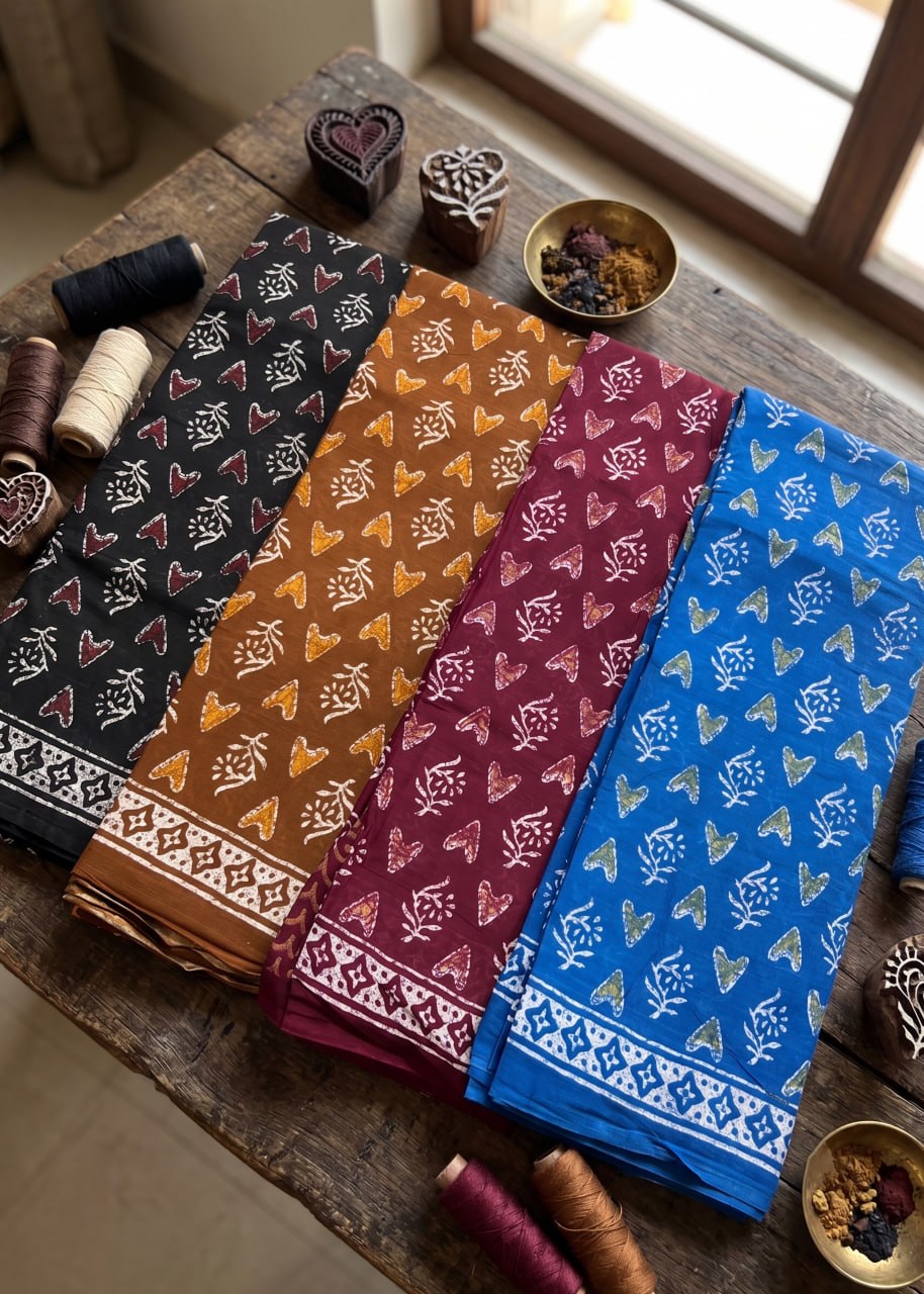 PREMIUM PURE COTTON  SOFT & BREATHABLE BLOCK PRINT BLUE SAREE WITH BLOUSE