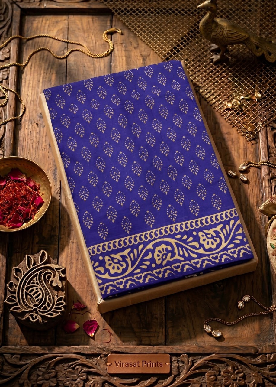 VIRASAT PRINTS PREMIUM SOFT COTTON BLUE SAREE WITH BLOUSE