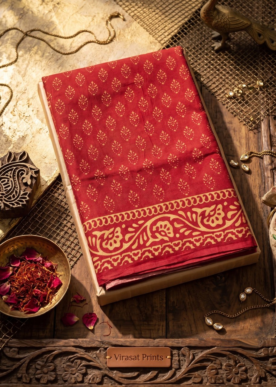 VIRASAT PRINTS PREMIUM SOFT COTTON RED SAREE WITH BLOUSE