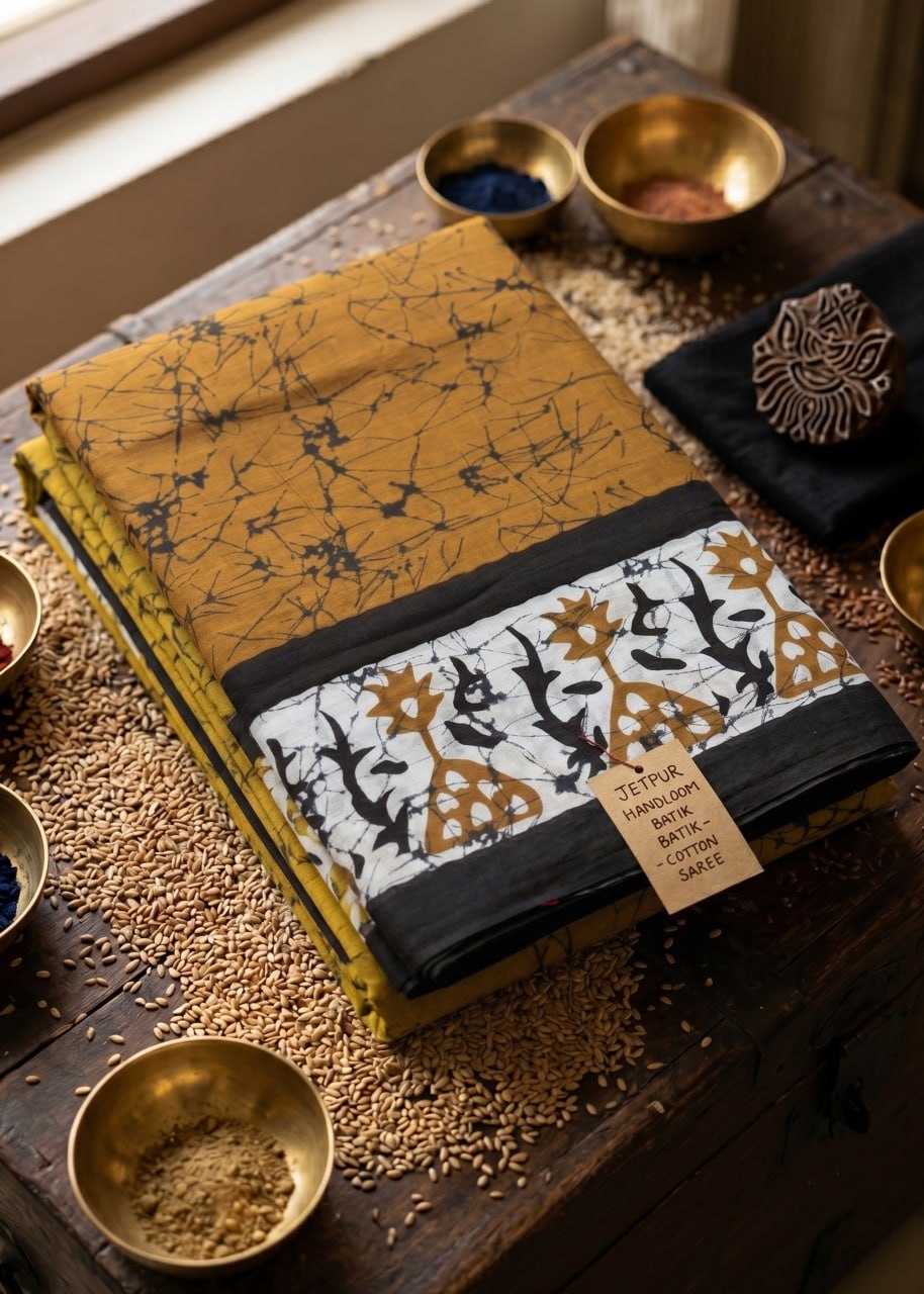 HANDLOOM BATIK MULMUL HAND BLOCK BORDER COTTON GOLDEN SAREE WITH BLOUSE