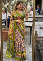 MULMUL SOFT MASLIN COTTON WITH HEVY ZARI BODAR MEHANDI GREEN SAREE WITH BLOUSE