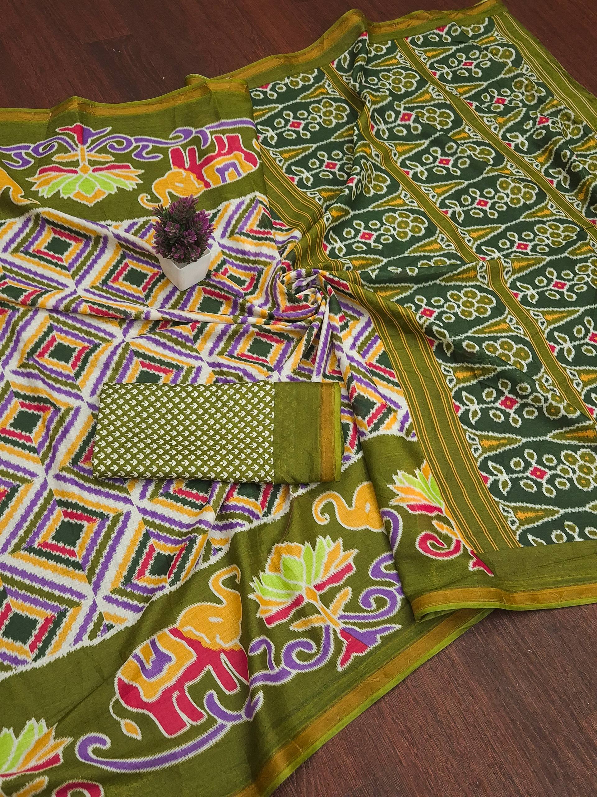 MULMUL SOFT MASLIN COTTON WITH HEVY ZARI BODAR MEHANDI GREEN SAREE WITH BLOUSE