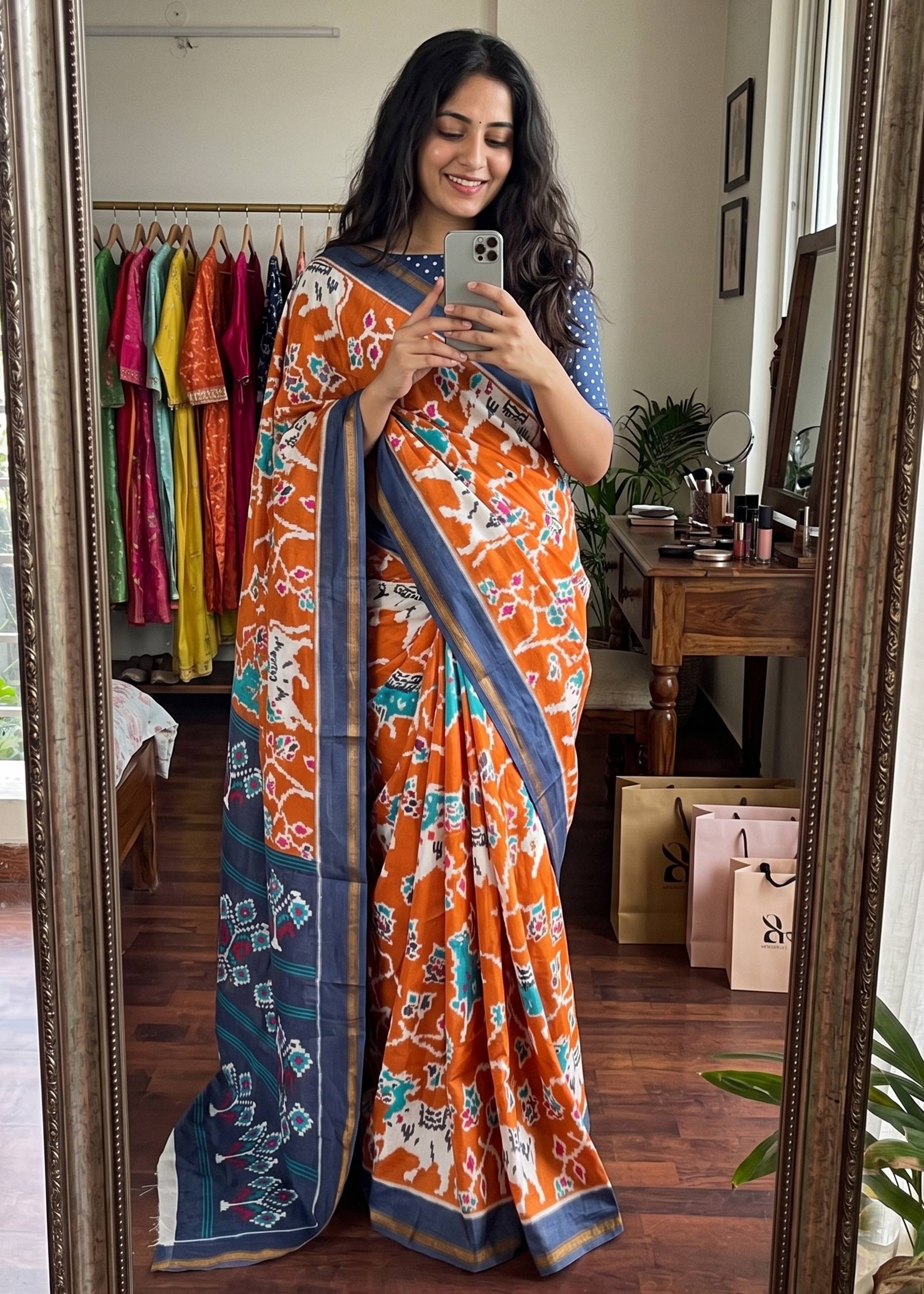 MULMUL SOFT MASLIN COTTON WITH HEVY ZARI BODAR ORANGE SAREE WITH BLOUSE
