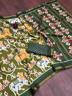 MULMUL SOFT MASLIN COTTON WITH HEVY ZARI BODAR OLIVE GREEN SAREE WITH BLOUSE