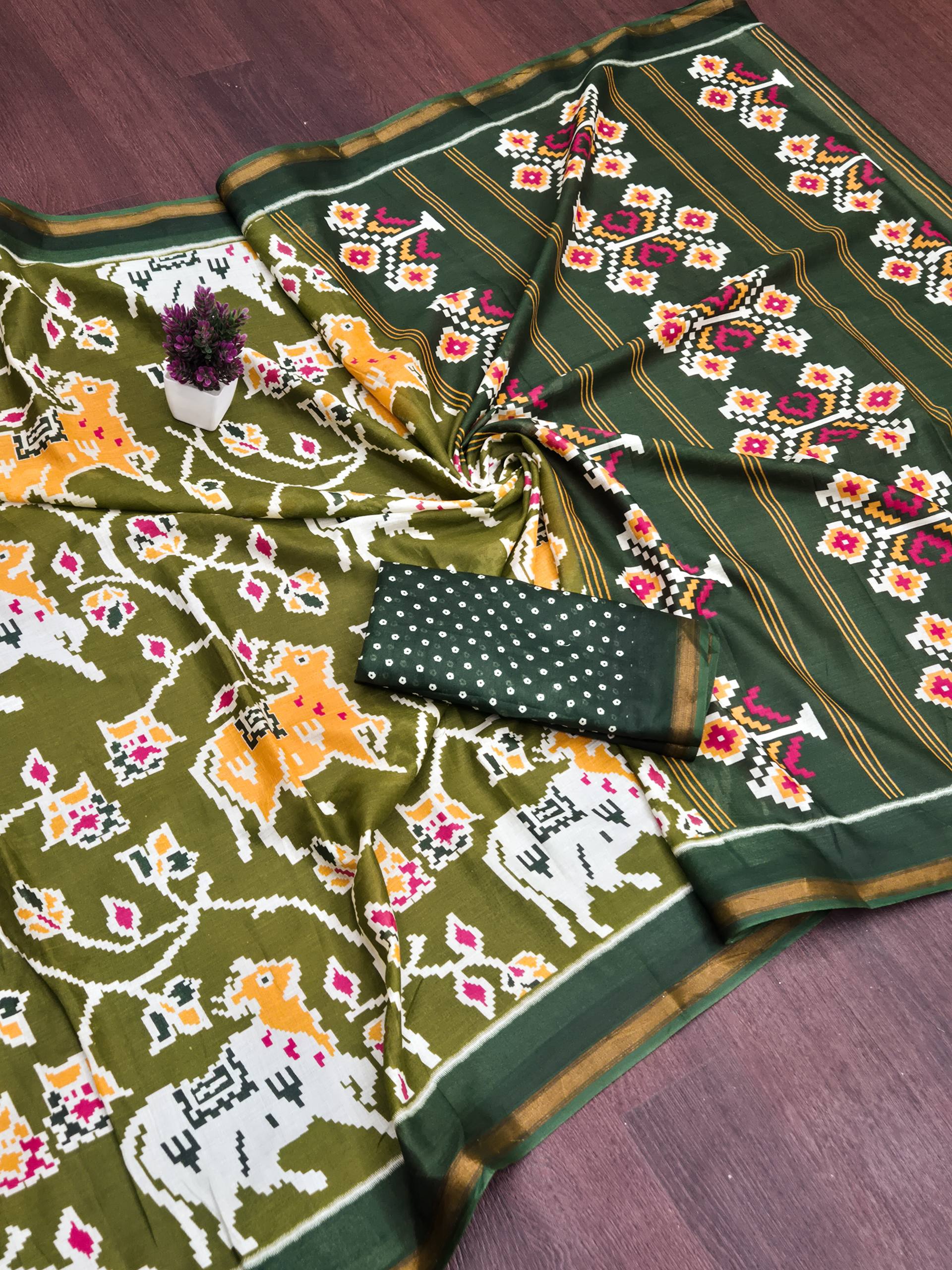MULMUL SOFT MASLIN COTTON WITH HEVY ZARI BODAR OLIVE GREEN SAREE WITH BLOUSE
