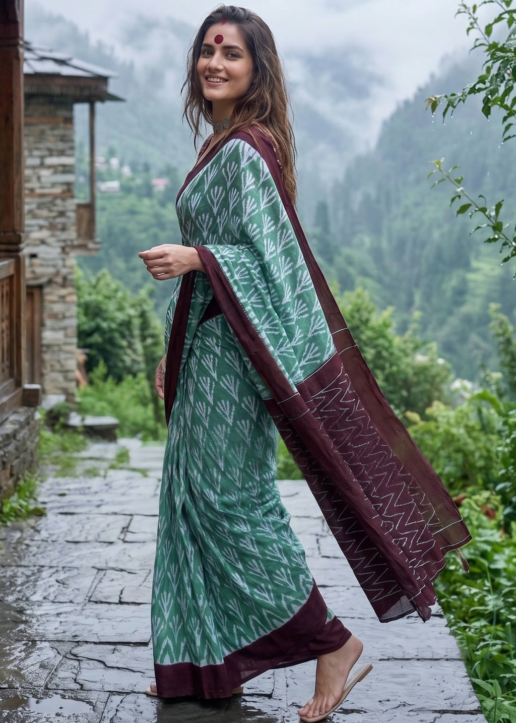 PURE SOFT COTTON  IKKAT PRINT GREEN SAREE WITH BLOUSE