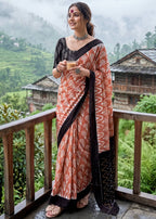 PURE SOFT COTTON  IKKAT PRINT ORANGE SAREE WITH BLOUSE