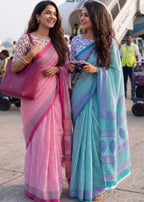 PURE MULMUL COTTON HAND BLOCK PRINT SKY BLUE SAREE WITH BLOUSE