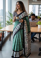 PURE SOFT MULMUL COTTON BATIK HAND BLOCK PRINT TEAL SAREE WITH BLOUSE