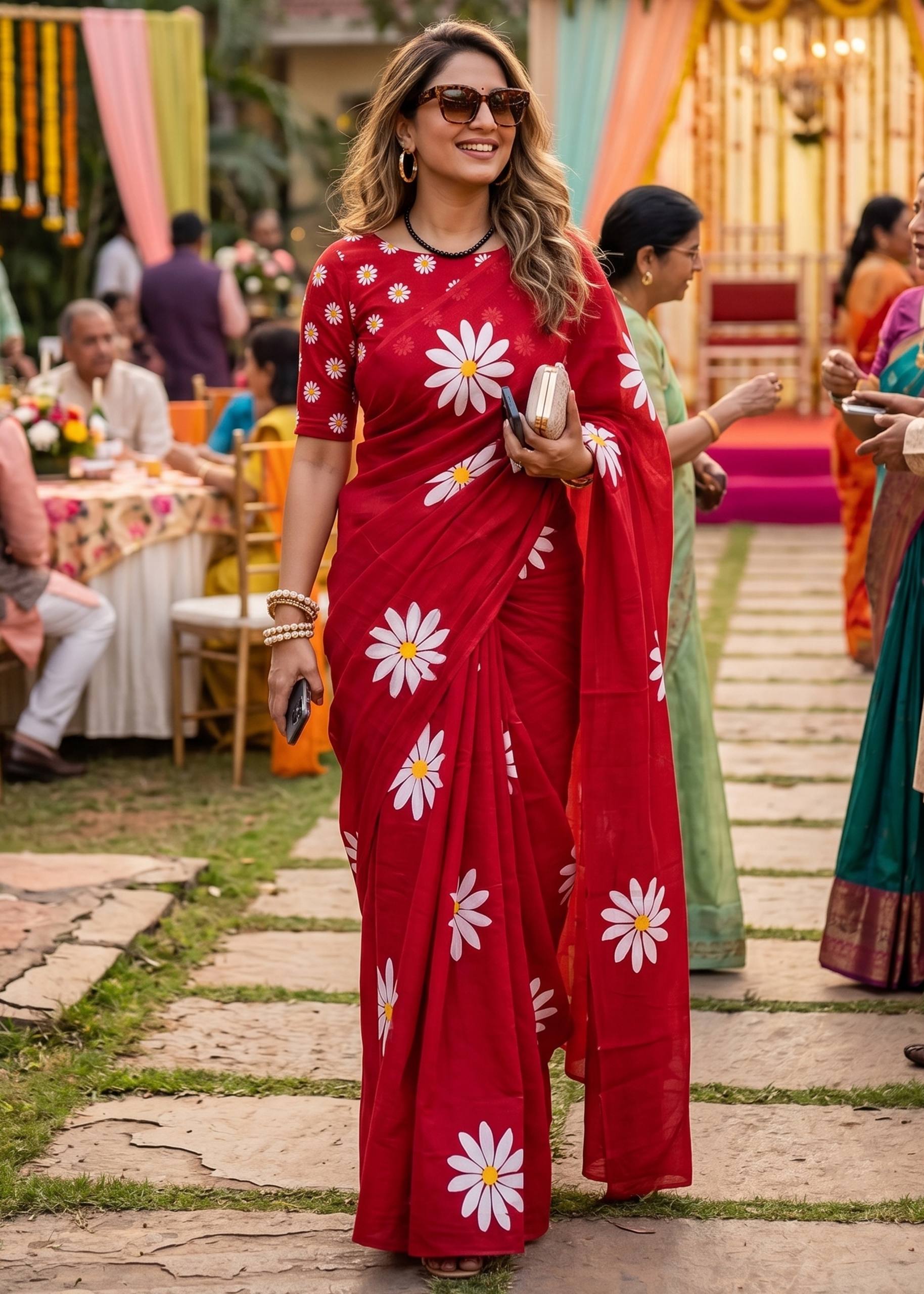 PURE SOFT MULMUL COTTON FLOWER PRINT RED SAREE WITH BLOUSE