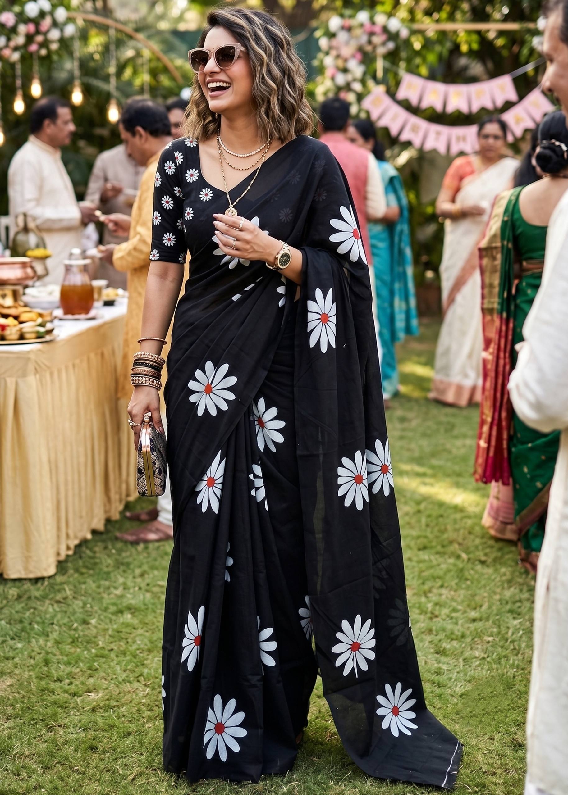 PURE SOFT MULMUL COTTON FLOWER PRINT BLACK SAREE WITH BLOUSE