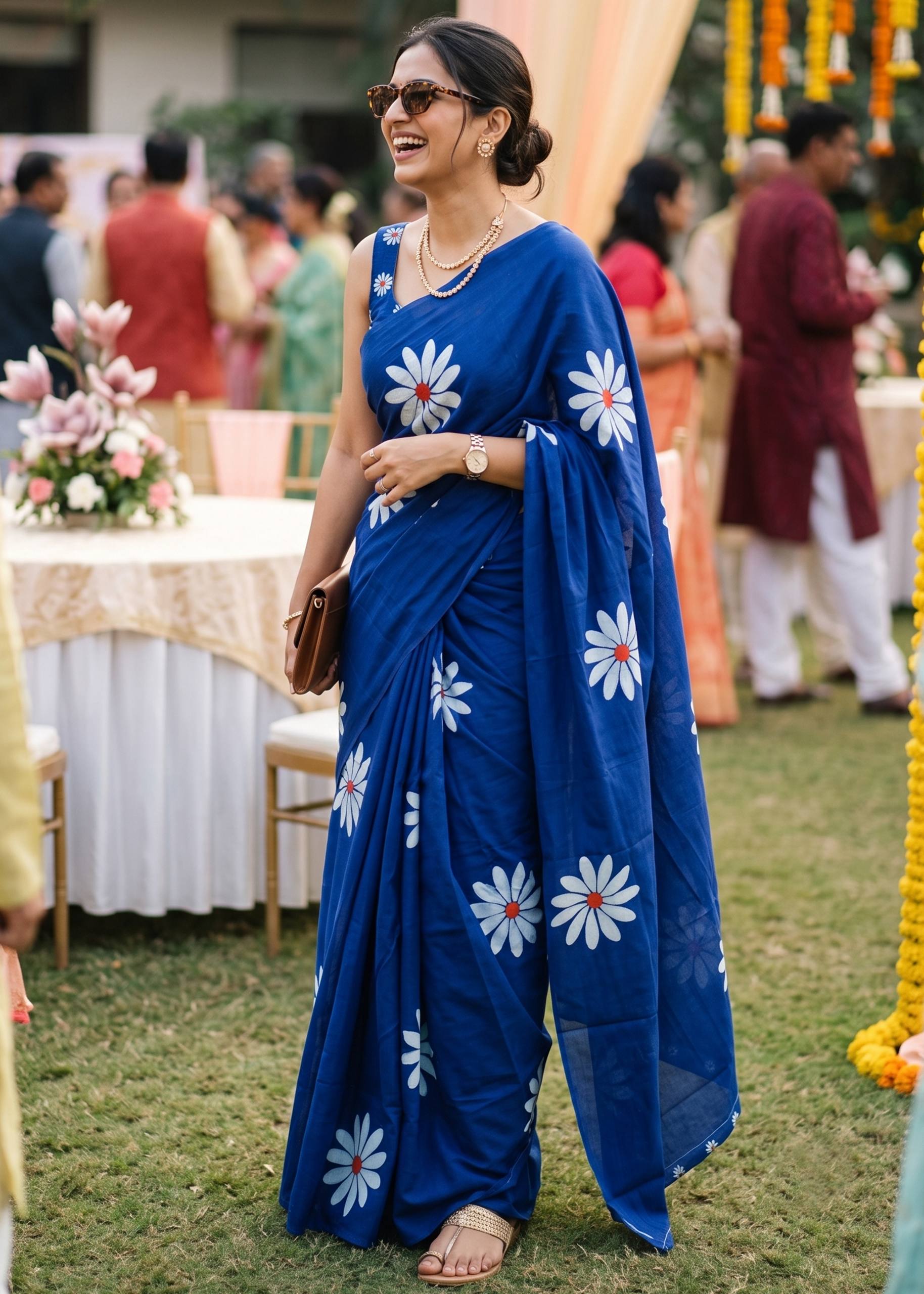 PURE SOFT MULMUL COTTON FLOWER PRINT BLUE SAREE WITH BLOUSE