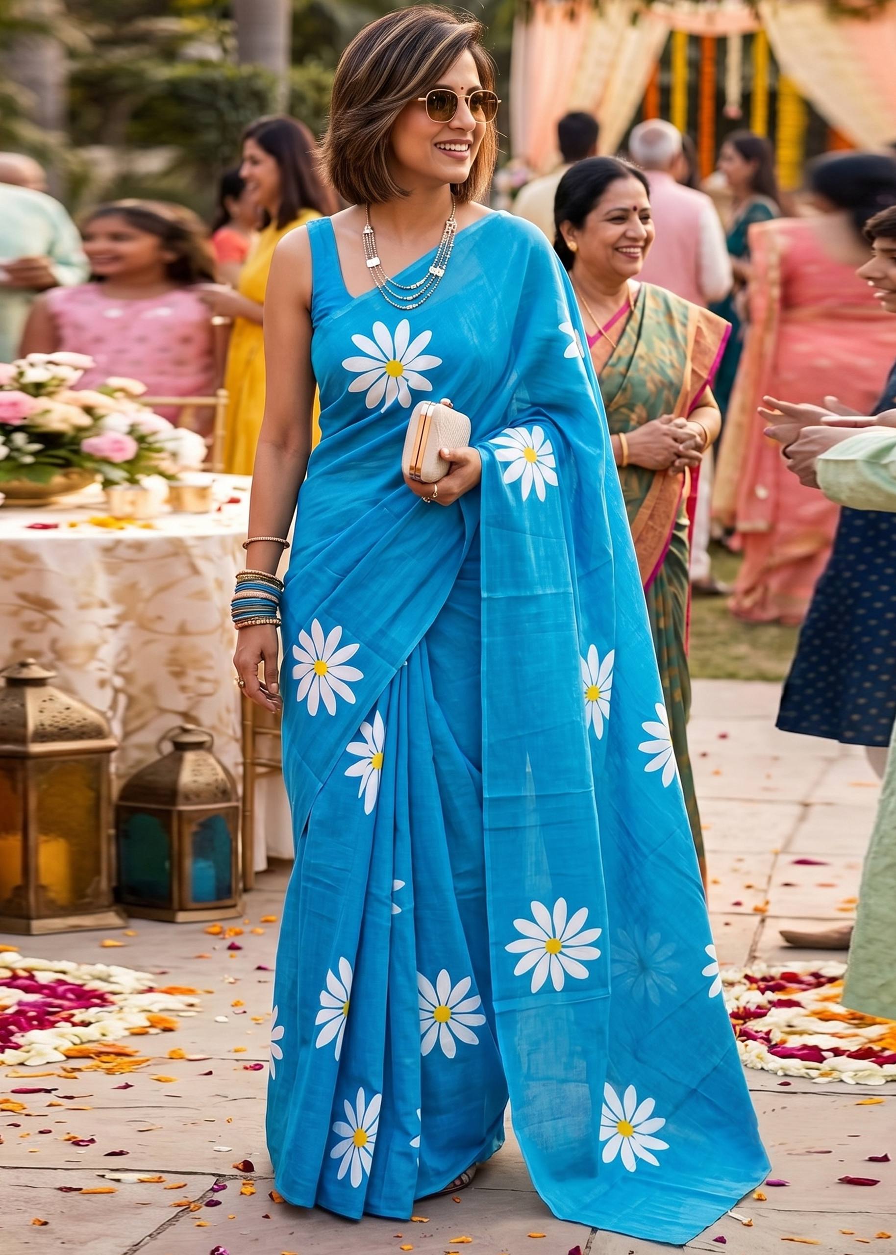 PURE SOFT MULMUL COTTON FLOWER PRINT SKY BLUE SAREE WITH BLOUSE