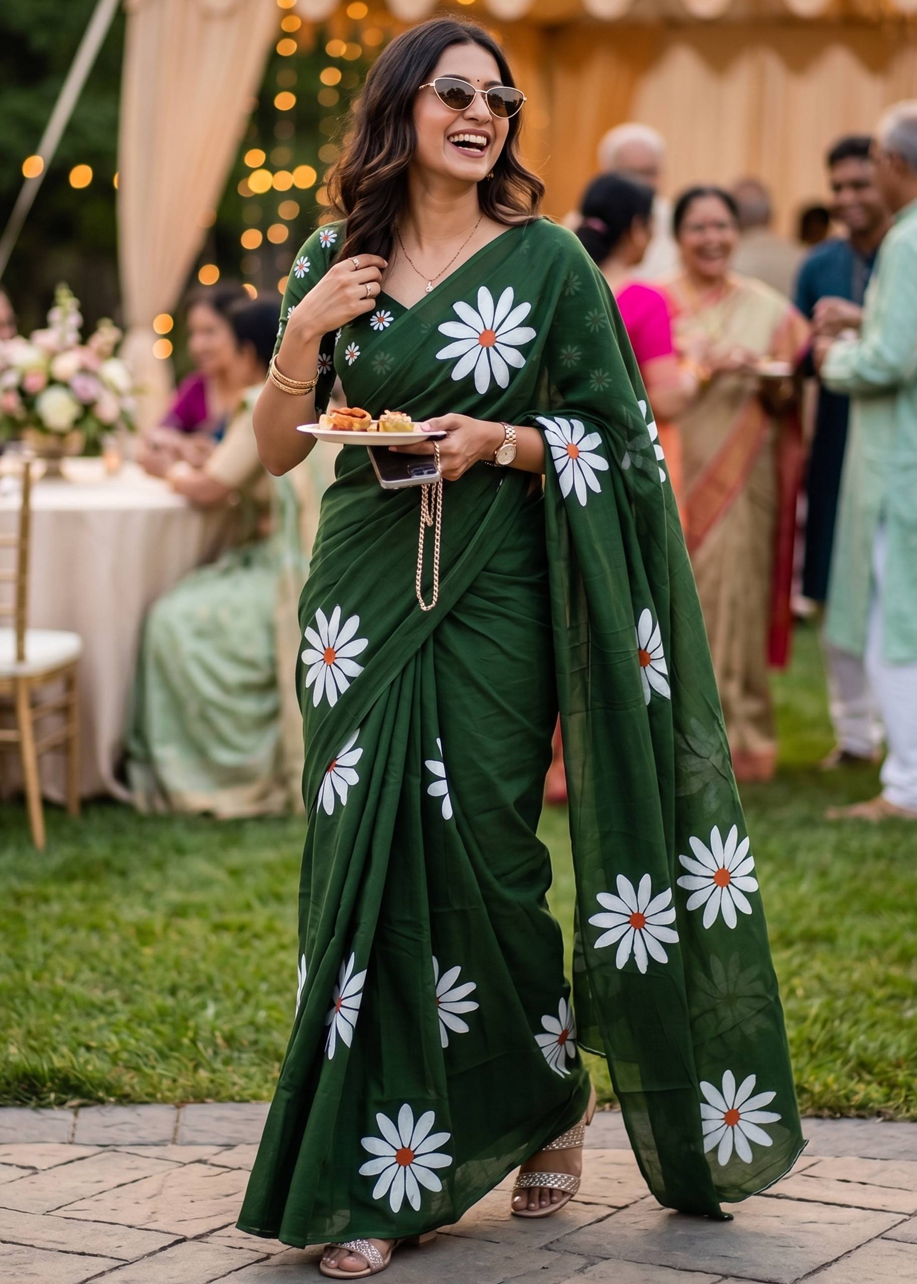 PURE SOFT MULMUL COTTON FLOWER PRINT GREEN SAREE WITH BLOUSE