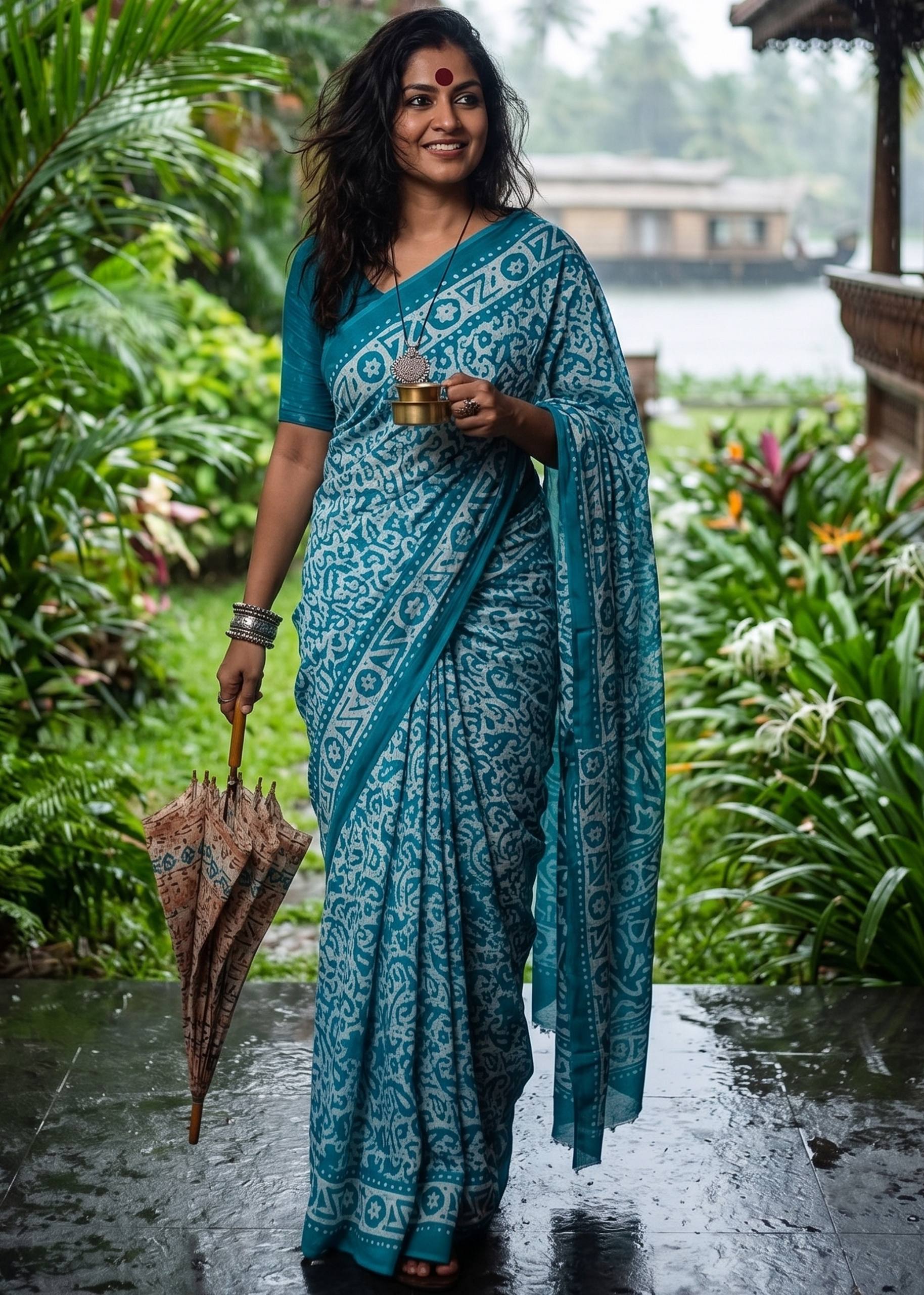 PURE SOFT MULMUL COTTON BATIK HAND BLOCK PRINT SKY BLUE SAREE WITH BLOUSE