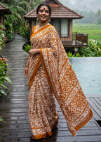 PURE SOFT MULMUL COTTON BATIK HAND BLOCK PRINT GOLDEN SAREE WITH BLOUSE