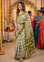 PURE SOFT MULMUL COTTON BATIK HAND BLOCK PRINT OLIVE GREEN SAREE WITH BLOUSE