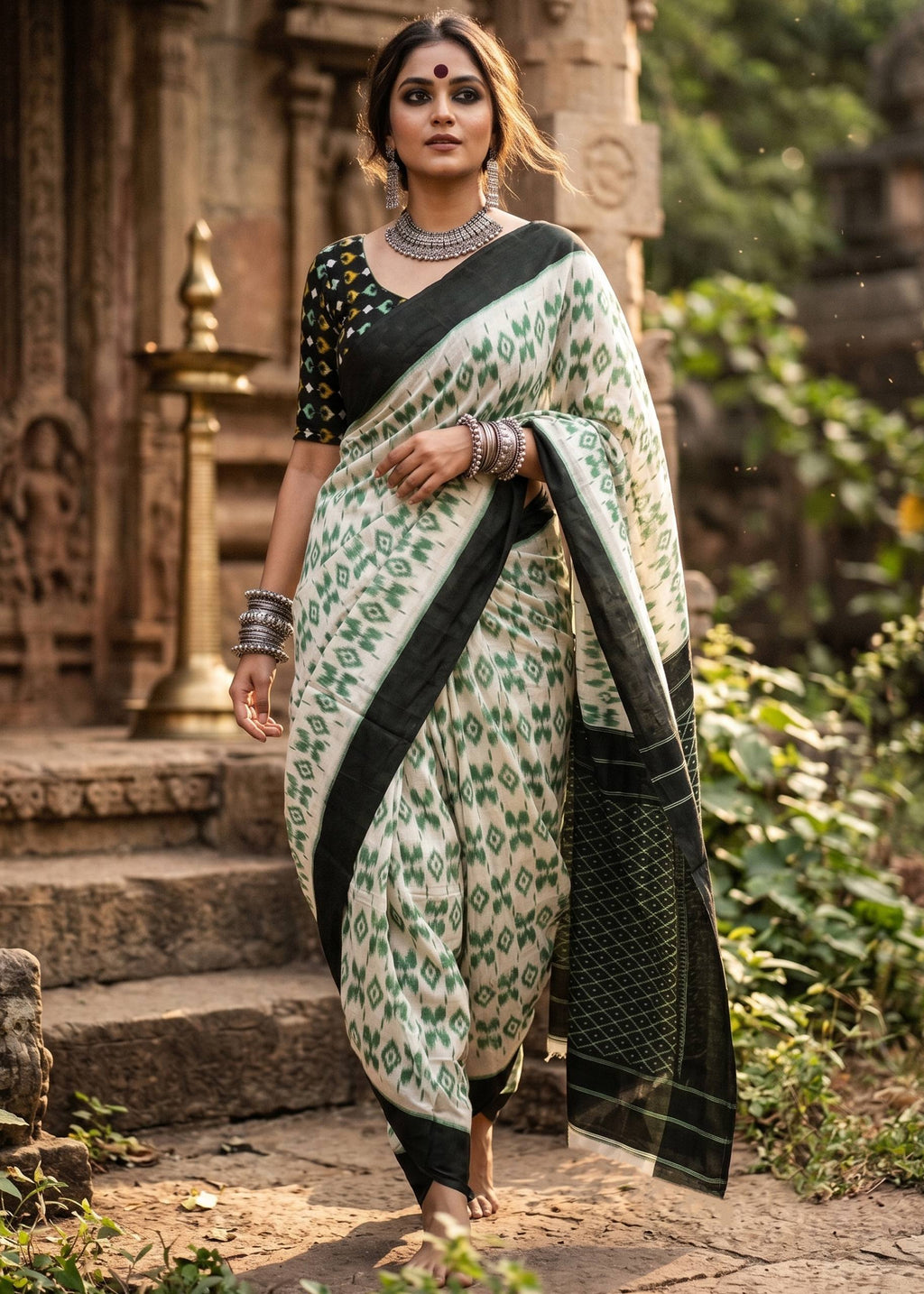 PURE SOFT MULMUL COTTON BAGRU HAND PRINT GREEN SAREE WITH BLOUSE