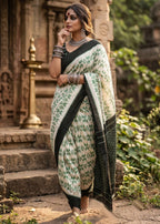 PURE SOFT MULMUL COTTON BAGRU HAND PRINT GREEN SAREE WITH BLOUSE