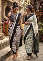 PURE SOFT MULMUL COTTON BAGRU HAND PRINT GREEN SAREE WITH BLOUSE