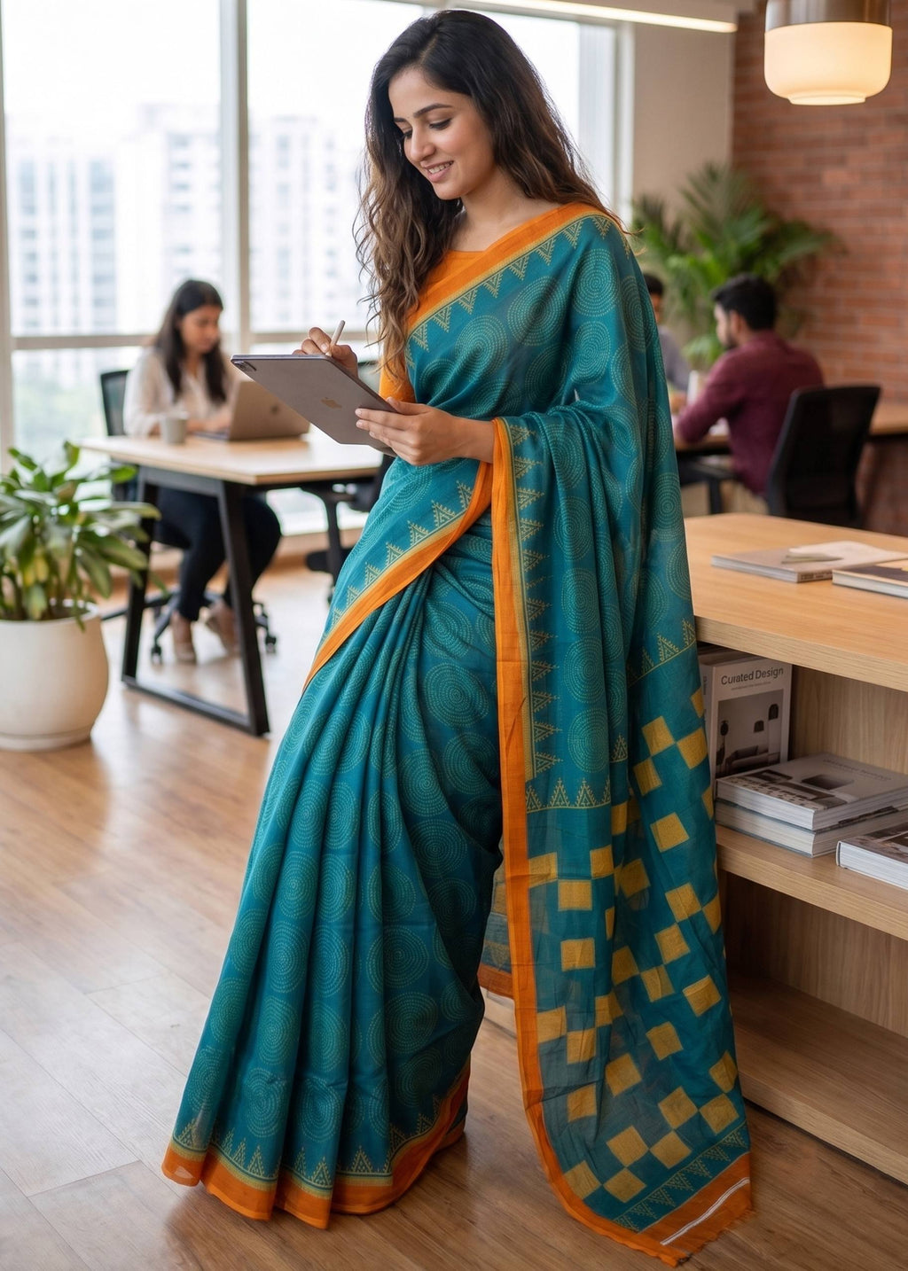 PURE SOFT MULMUL COTTON BAGRU HAND PRINT TEAL SAREE WITH BLOUSE
