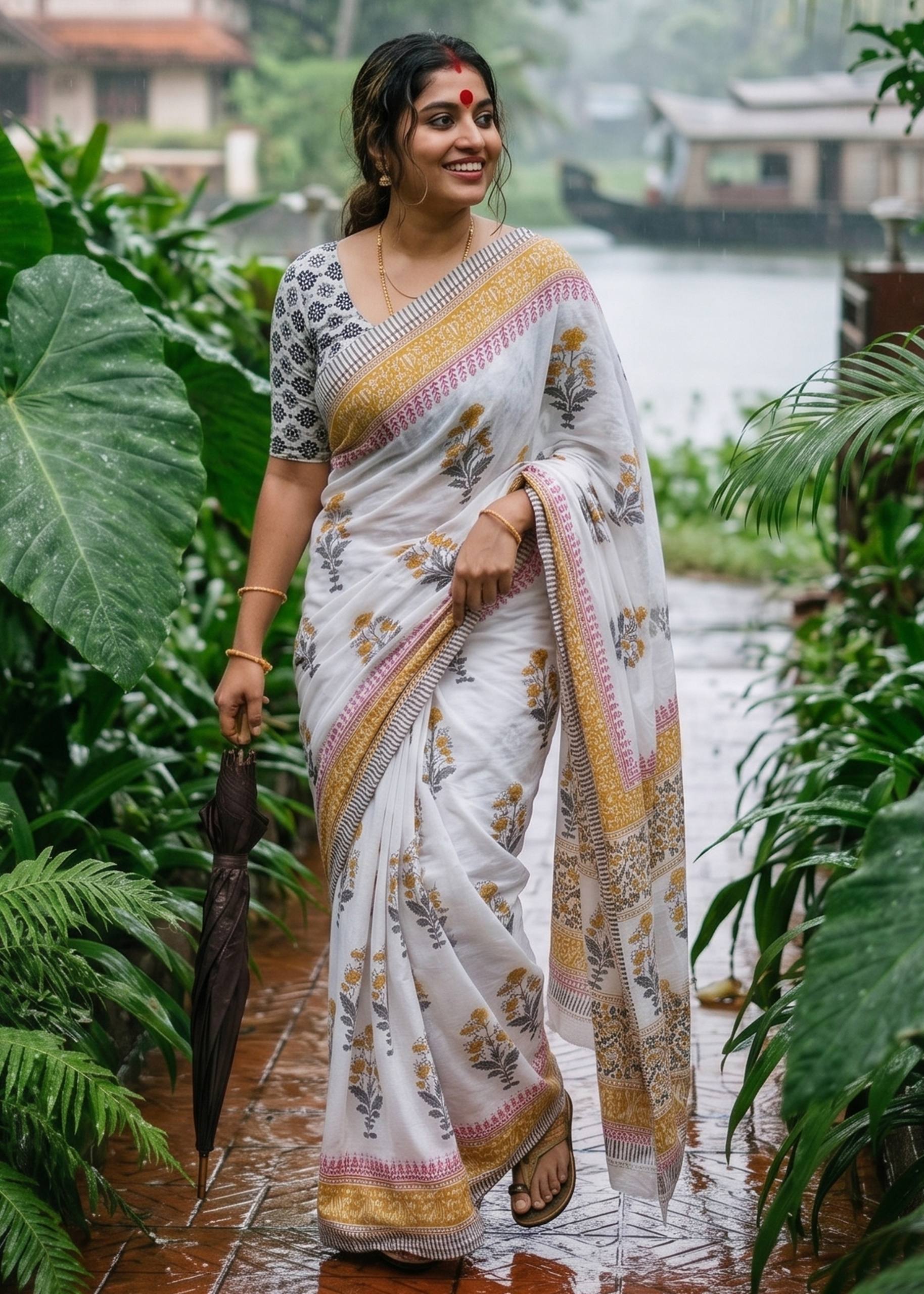 PURE SOFT MULMUL COTTON SANGANERI  HAND BLOCK PRINT WHITE SAREE WITH BLOUSE