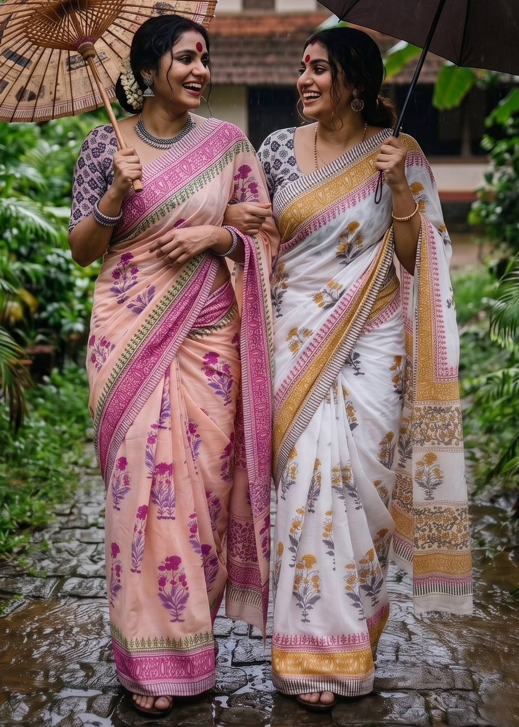 PURE SOFT MULMUL COTTON SANGANERI  HAND BLOCK PRINT WHITE SAREE WITH BLOUSE