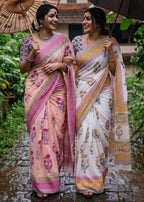 PURE SOFT MULMUL COTTON SANGANERI  HAND BLOCK PRINT WHITE SAREE WITH BLOUSE