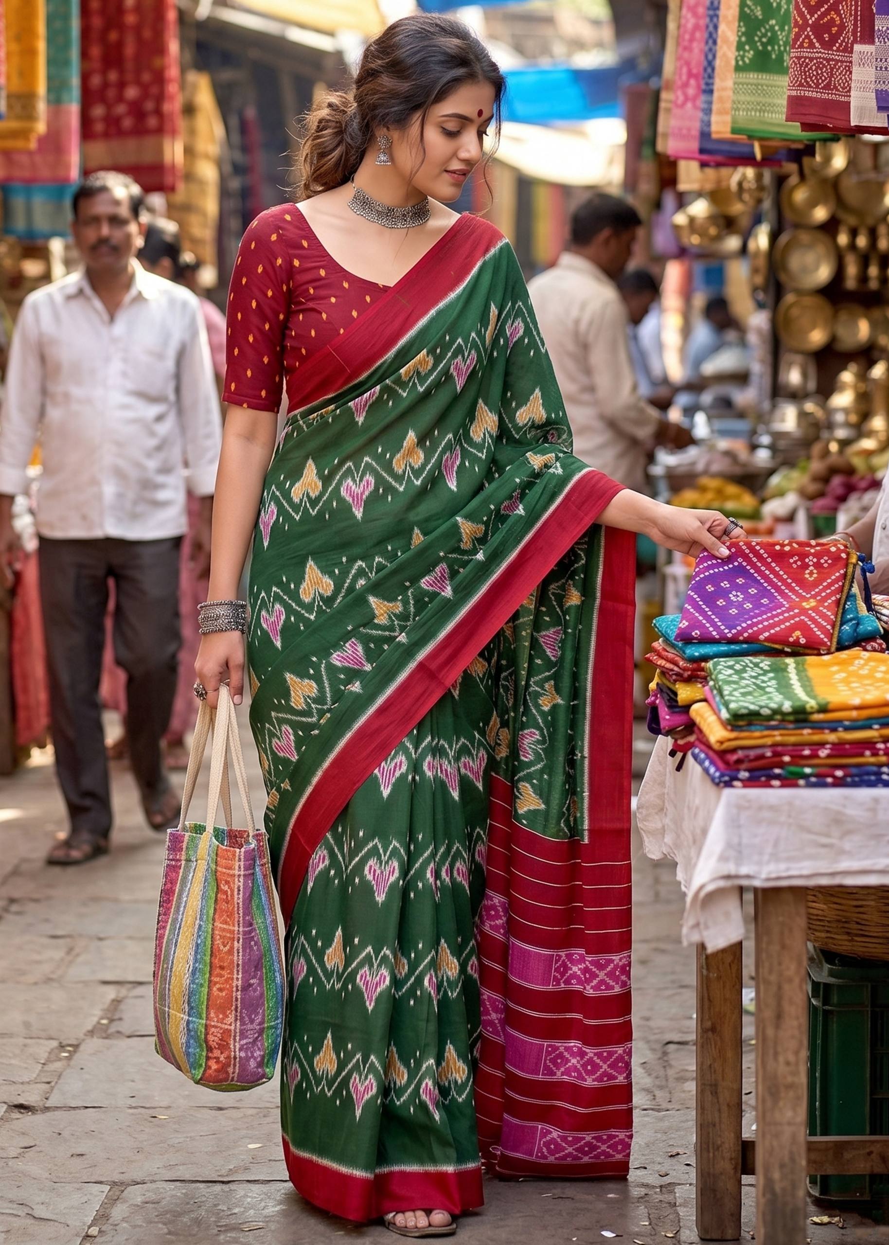 PURE SOFT MULMUL COTTON HAND BLOCK IKKAT PRINT GREEN SAREE WITH BLOUSE