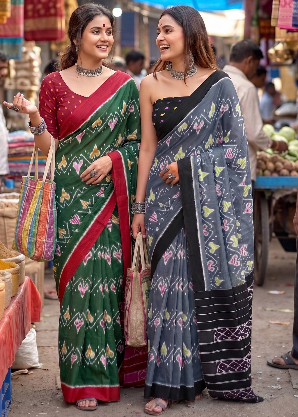 PURE SOFT MULMUL COTTON HAND BLOCK IKKAT PRINT GREEN SAREE WITH BLOUSE