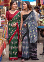 PURE SOFT MULMUL COTTON HAND BLOCK IKKAT PRINT GREEN SAREE WITH BLOUSE