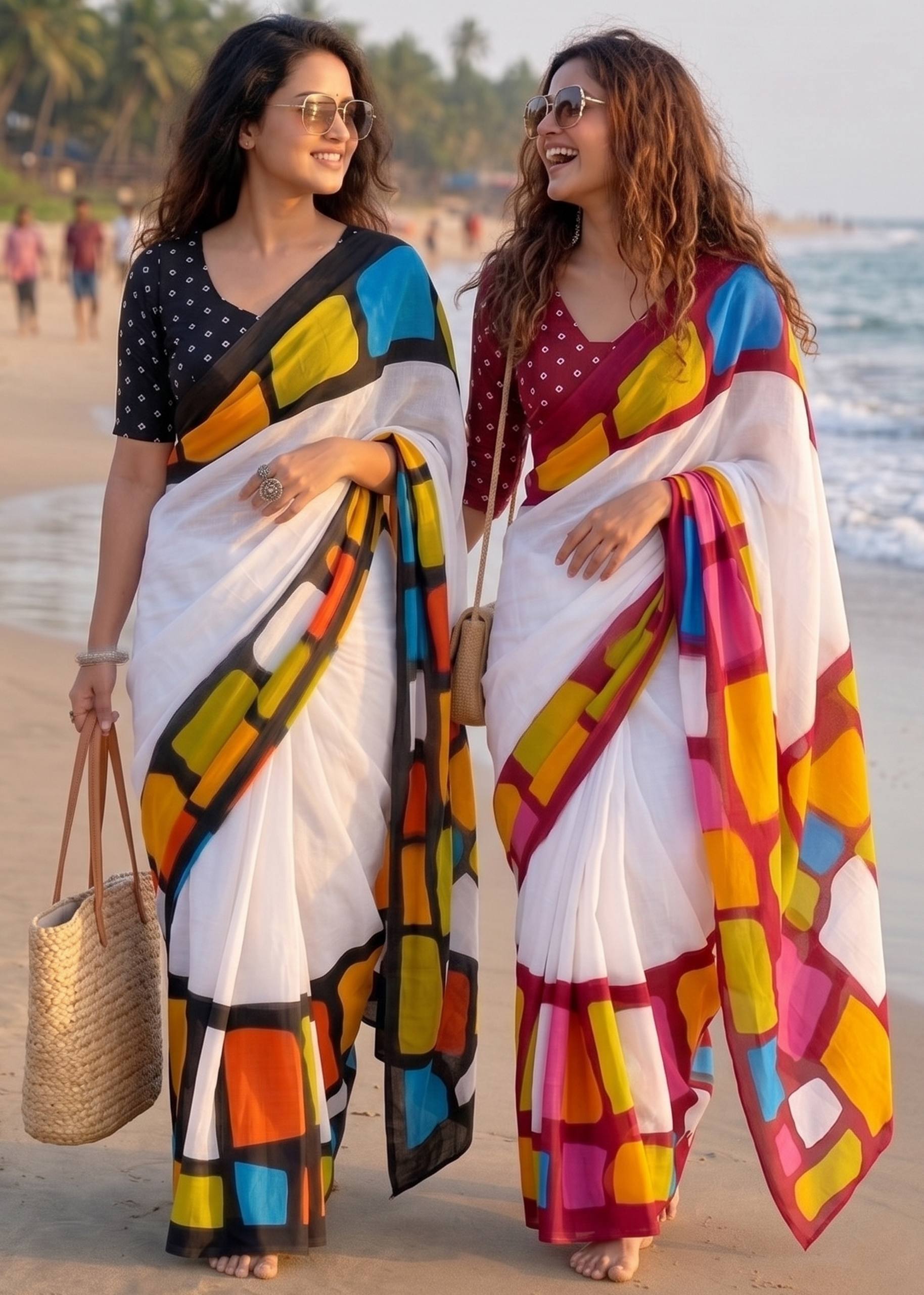 PURE SOFT MULMUL COTTON HAND BLOCK IKKAT PRINT WHITE AND BLACK SAREE WITH BLOUSE