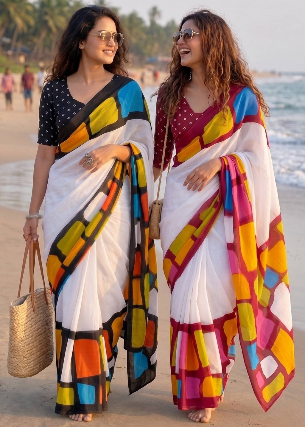 PURE SOFT MULMUL COTTON HAND BLOCK IKKAT PRINT WHITE AND RED SAREE WITH BLOUSE