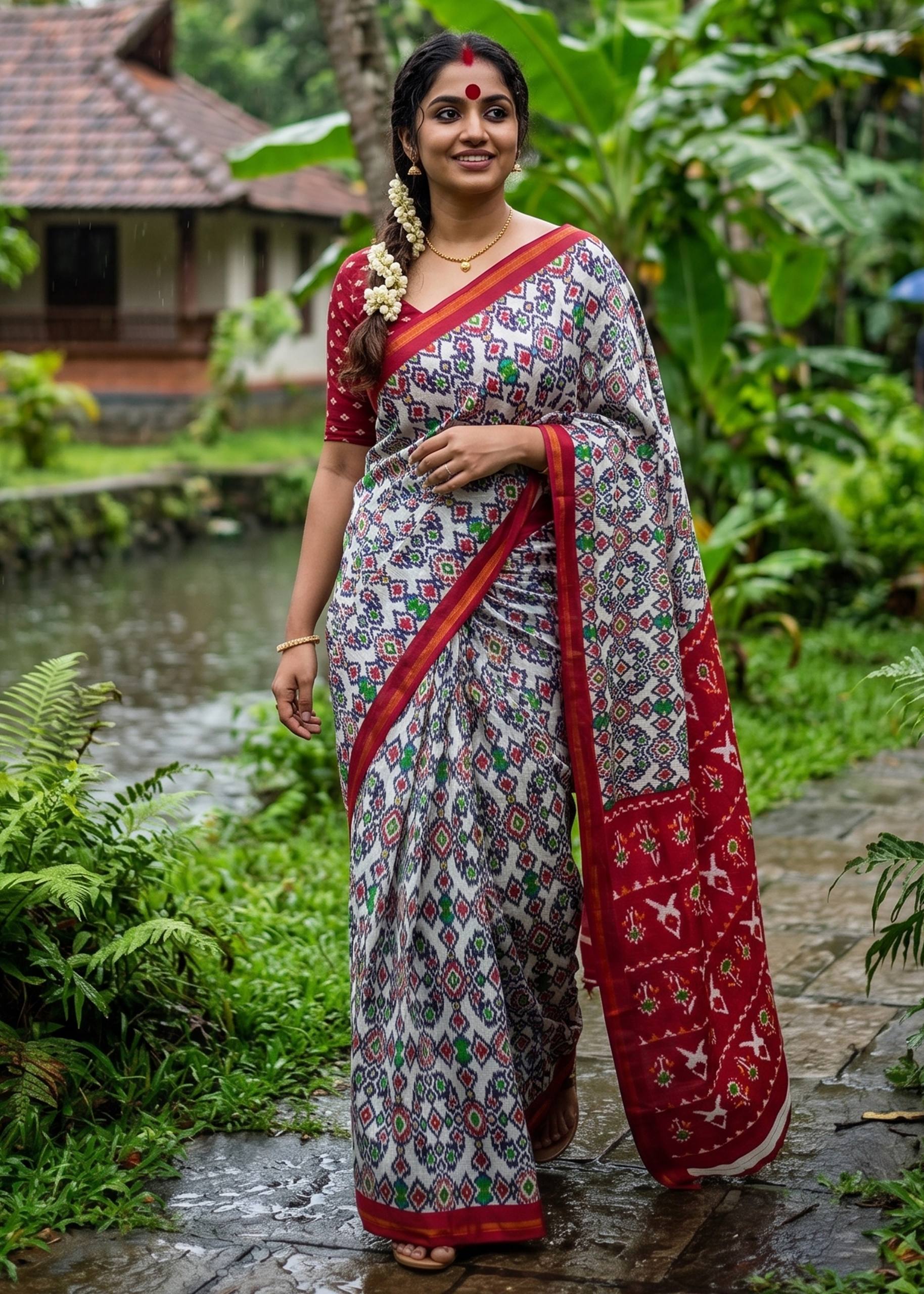 SOFT MASLIN COTTON BAGRU BLOCK PRINT ZARI BORDER RED SAREE WITH BLOUSE