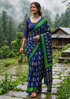 PURE MULMUL COTTON HAND BLOCK PRINT BLUE SAREE WITH BLOUSE