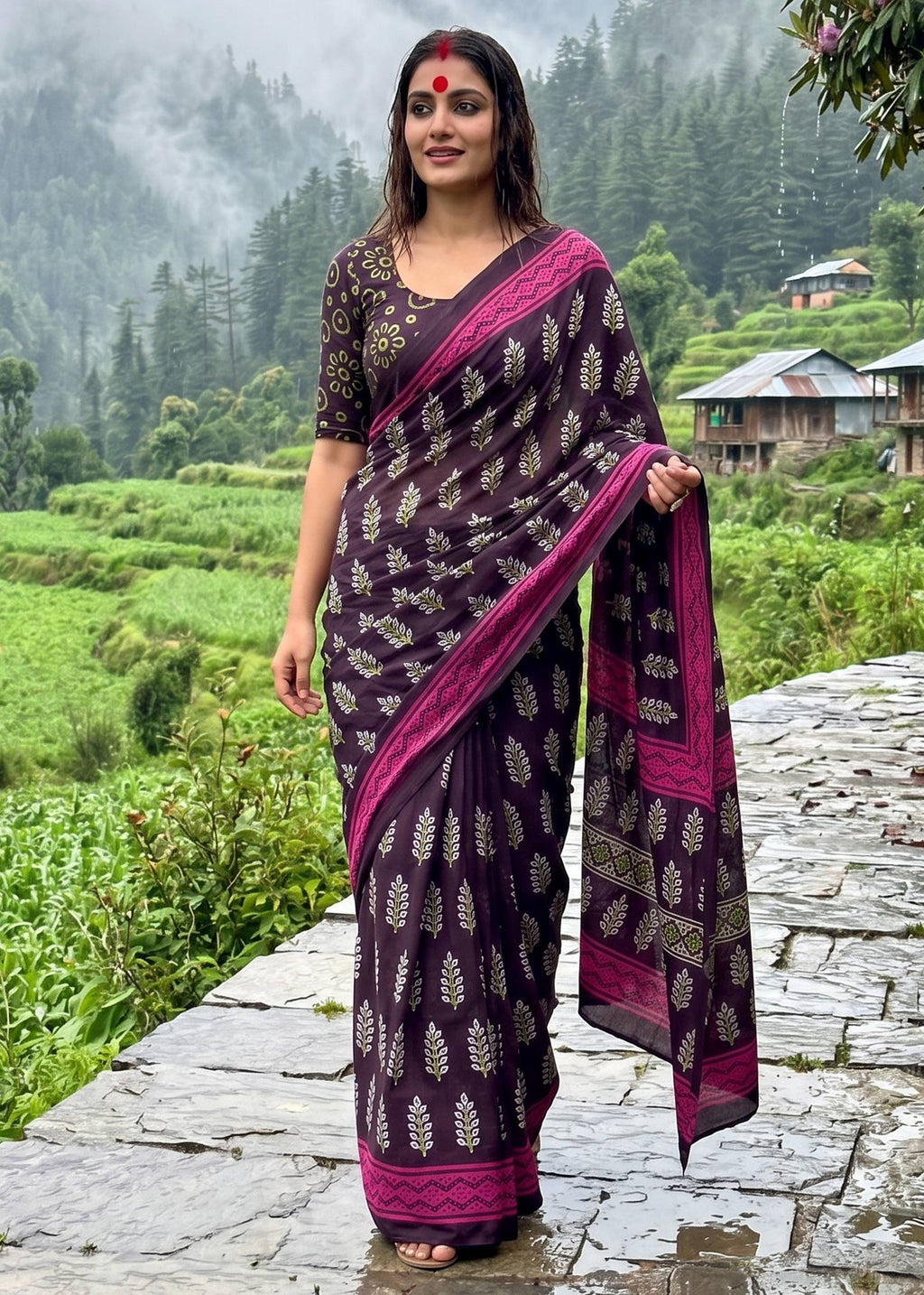 PURE MULMUL COTTON HAND BLOCK PRINT PURPLE SAREE WITH BLOUSE
