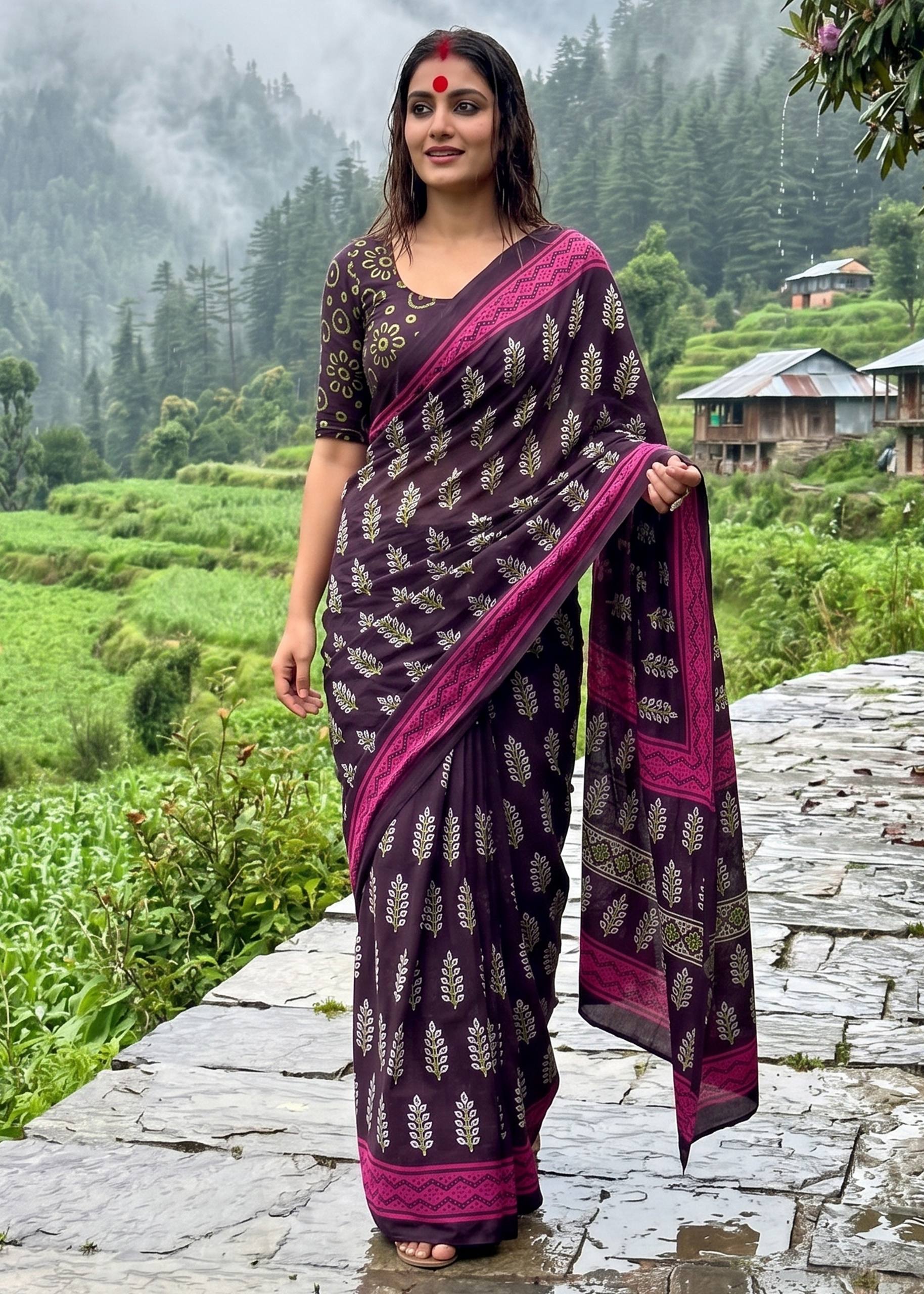 PURE MULMUL COTTON HAND BLOCK PRINT PURPLE SAREE WITH BLOUSE