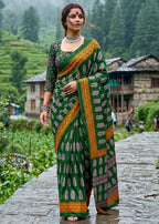 PURE MULMUL COTTON HAND BLOCK PRINT GREEN SAREE WITH BLOUSE