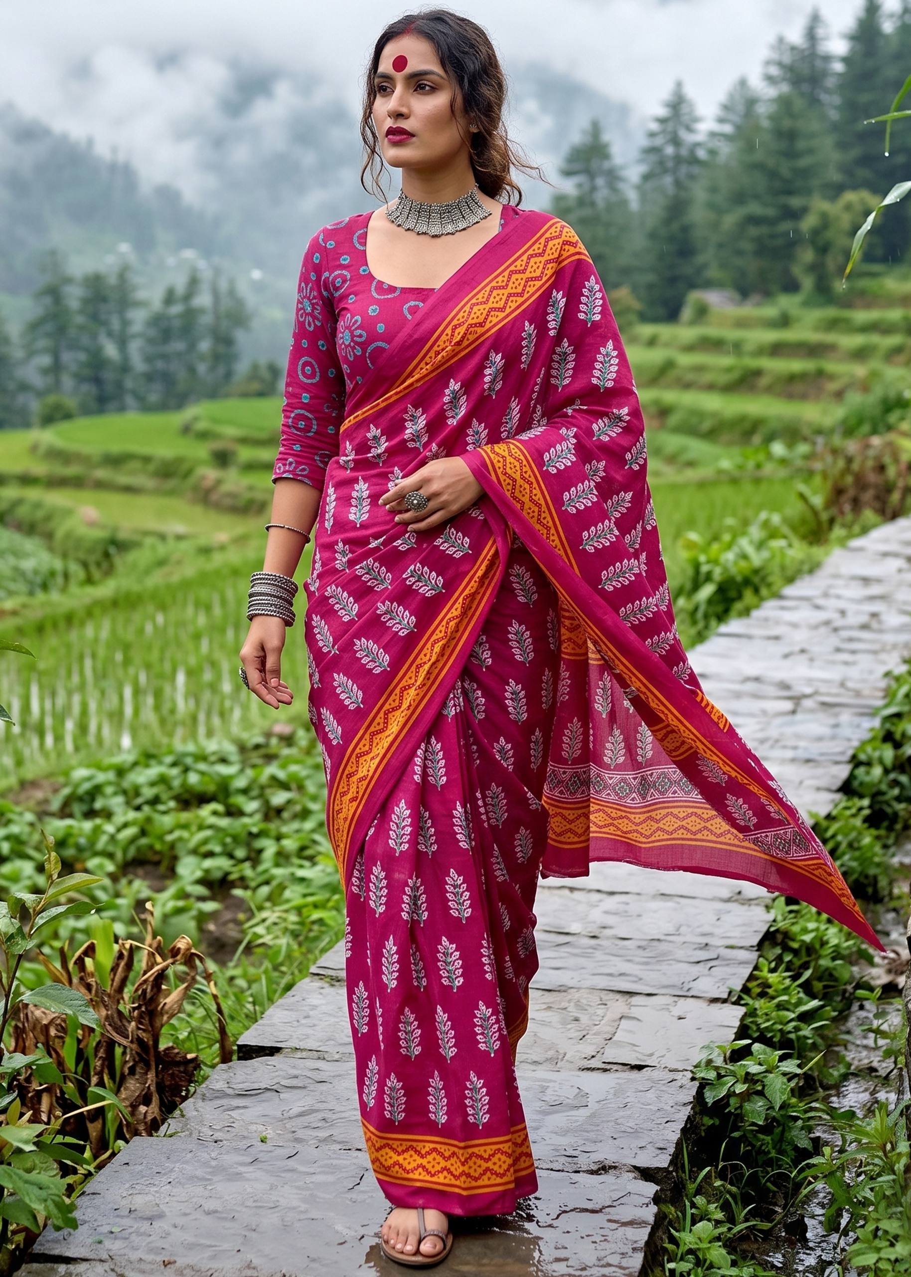 PURE MULMUL COTTON HAND BLOCK PRINT MAGENTA SAREE WITH BLOUSE