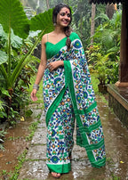 MULMUL COTTON IKKAT PRINT GREEN SAREE WITH BLOUSE