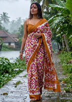 MULMUL COTTON IKKAT PRINT MUSTARD SAREE WITH BLOUSE