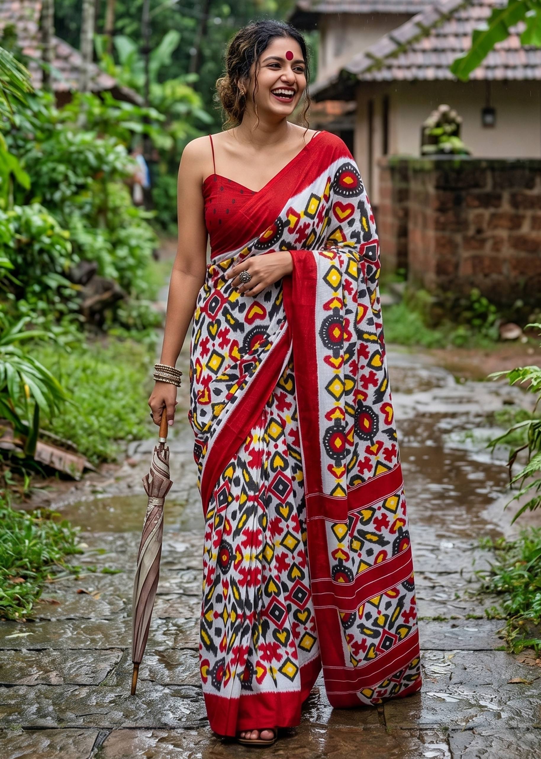 MULMUL COTTON IKKAT PRINT RED SAREE WITH BLOUSE