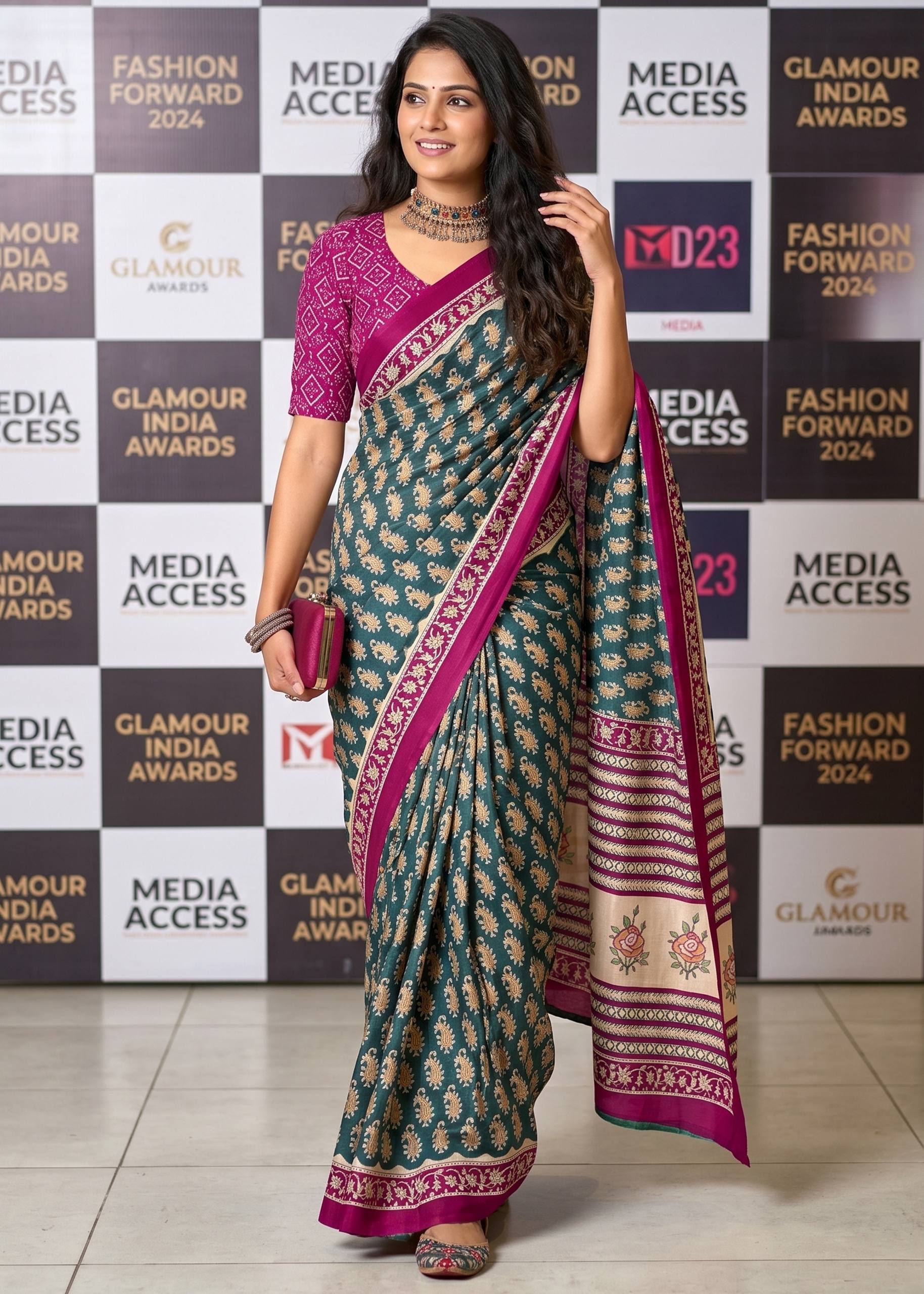 MULMUL COTTON JAIPURI PRINT COTTON MAGENTA SAREE WITH BLOUSE