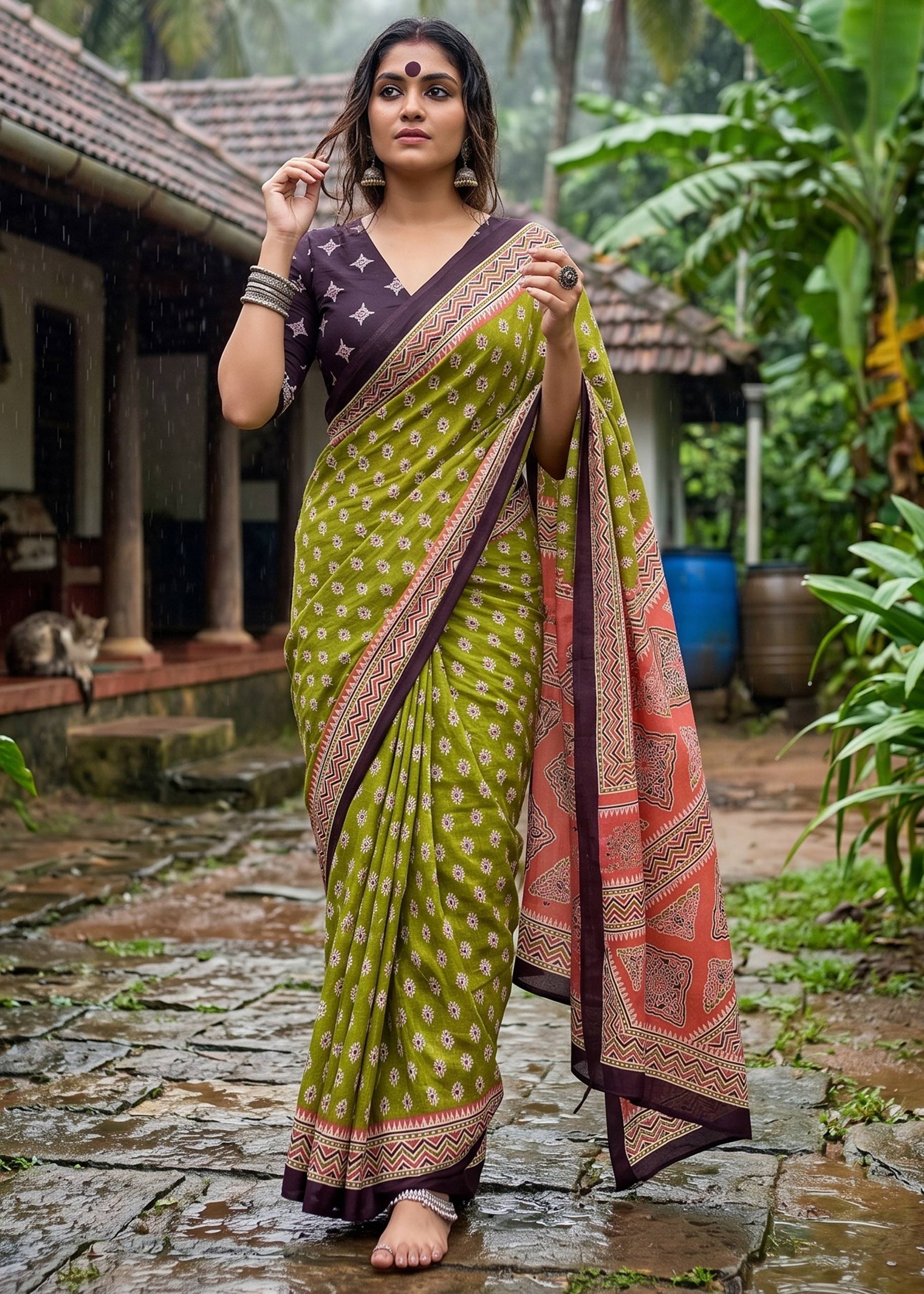 MULMUL COTTON  BAGRU PRINT COTTON OLIVE SAREE WITH BLOUSE