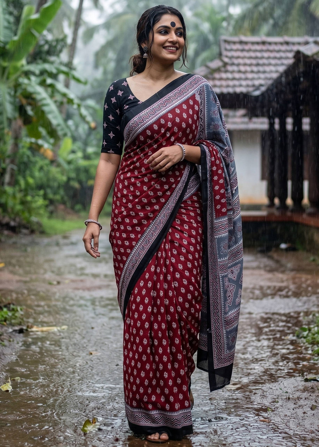 MULMUL COTTON  BAGRU PRINT COTTON MAROON SAREE WITH BLOUSE