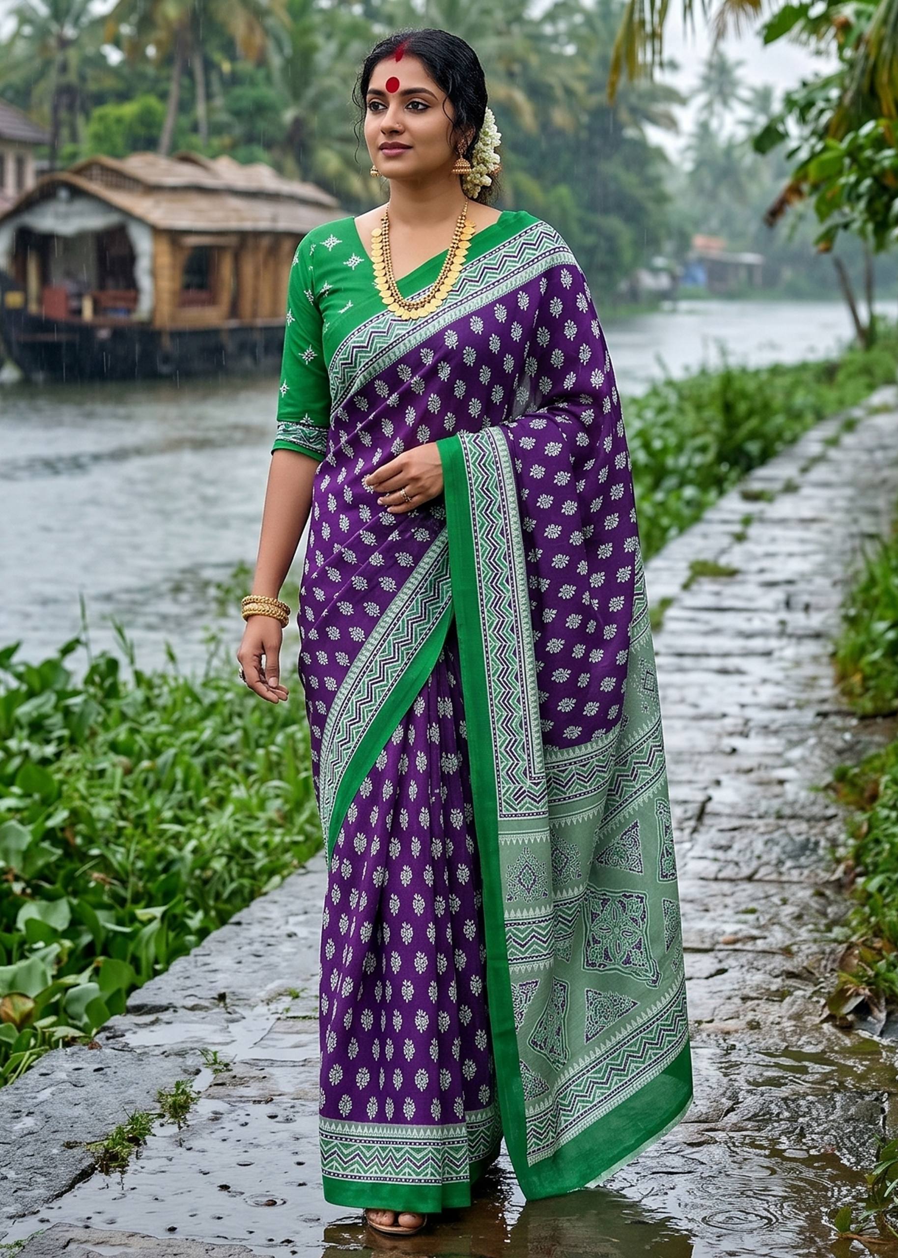 MULMUL COTTON  BAGRU PRINT COTTON VIOLET SAREE WITH BLOUSE
