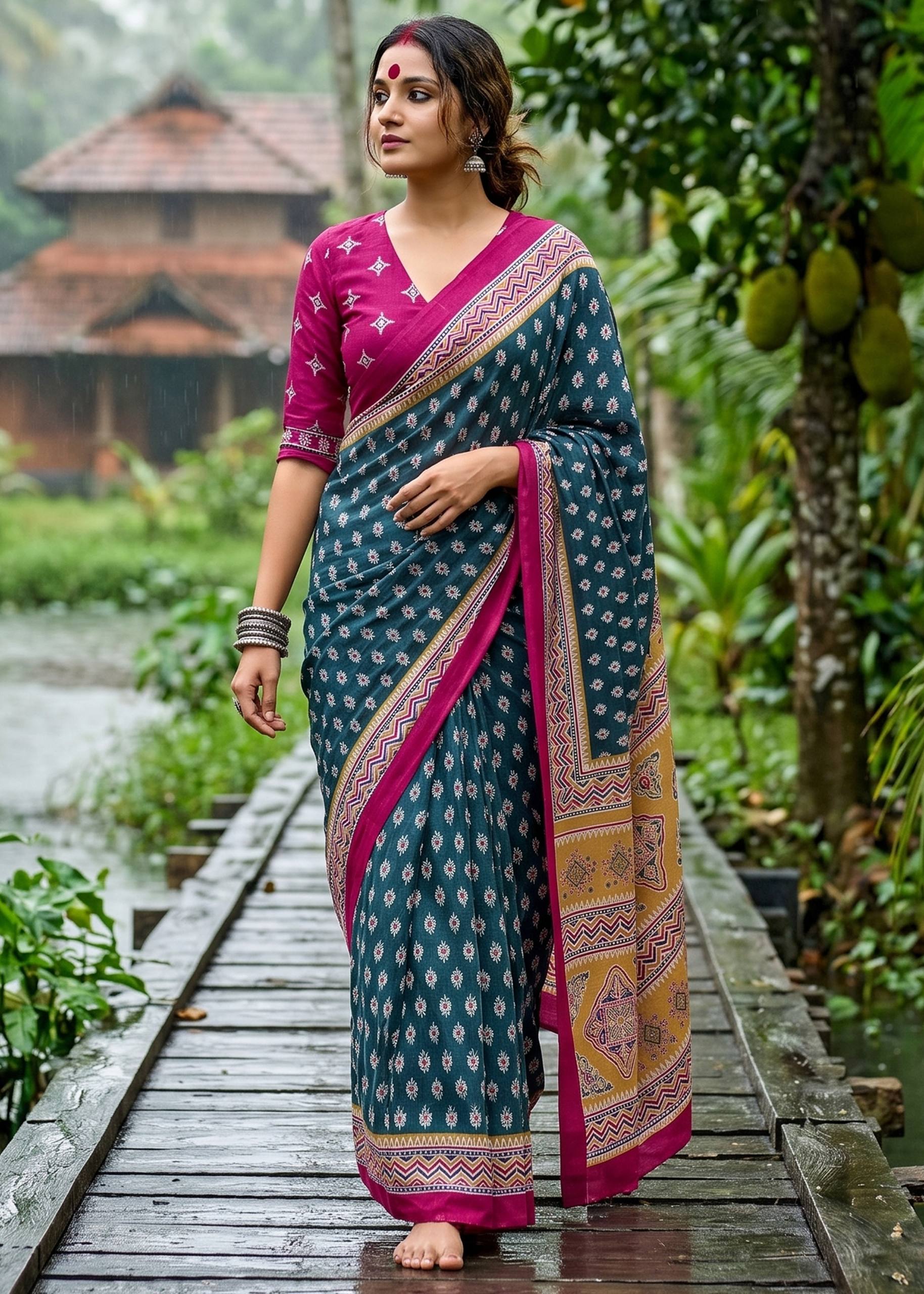 MULMUL COTTON  BAGRU PRINT COTTON TEAL SAREE WITH BLOUSE