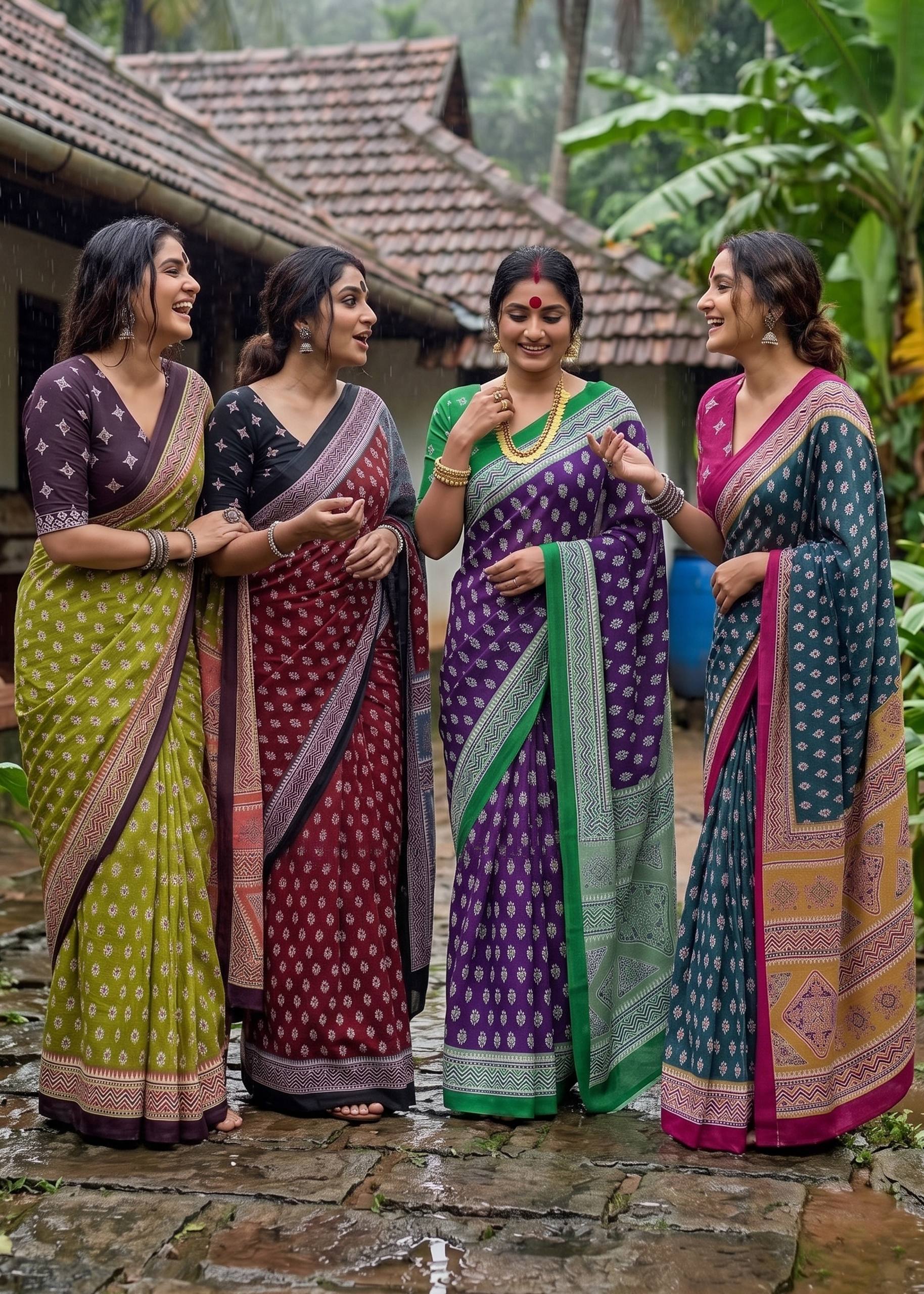 MULMUL COTTON  BAGRU PRINT COTTON TEAL SAREE WITH BLOUSE