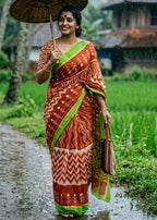 PURE SOFT MULMUL COTTON HAND BLOCK IKKAT PRINT ORANGE SAREE WITH BLOUSE
